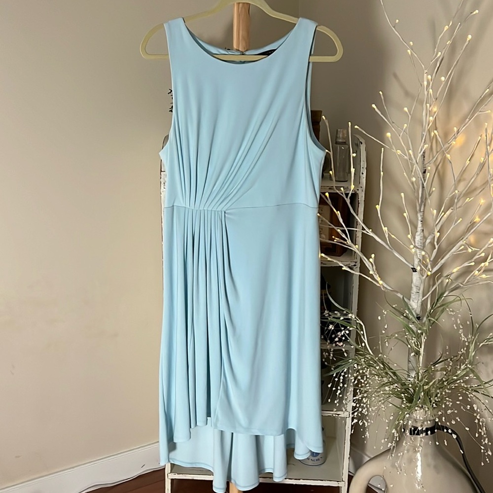White House/Black Market 12 beautiful pale blue dress,gathered waist, hi/lo hem